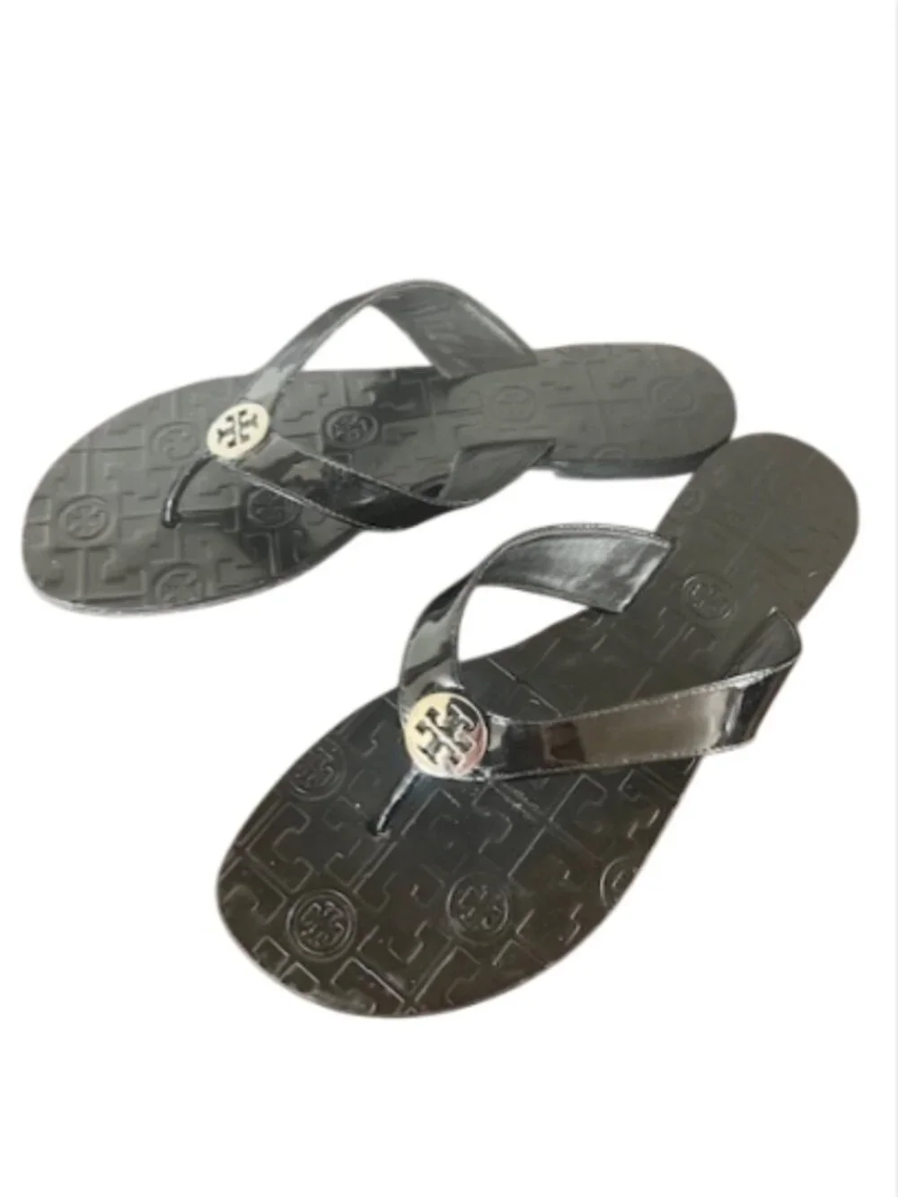 Tory Burch Black Leather Thora SZ 9 Thong Flip Flops Silver Medallion Sandals